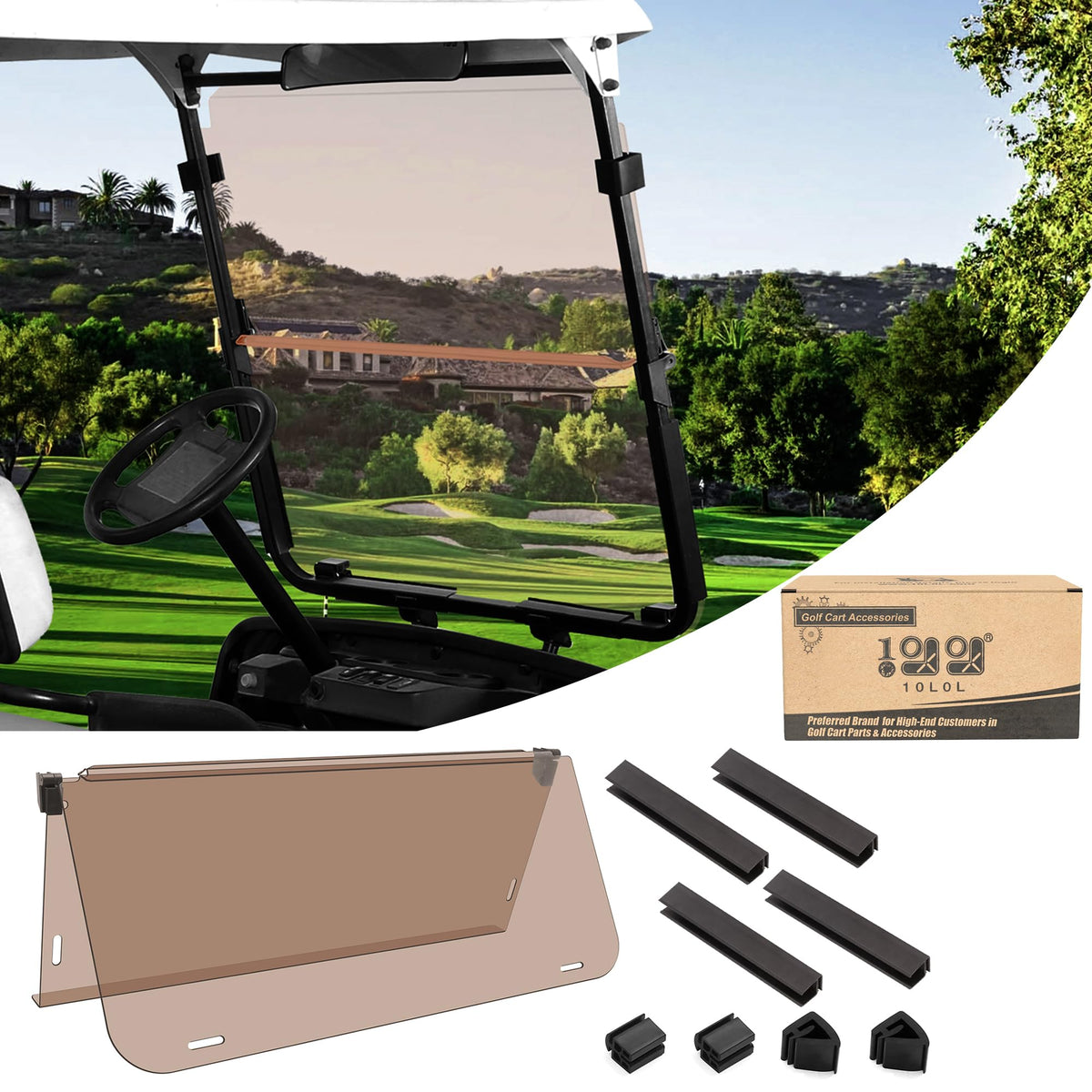 10L0L folding windshield on Yamaha golf cart front view improves visibility