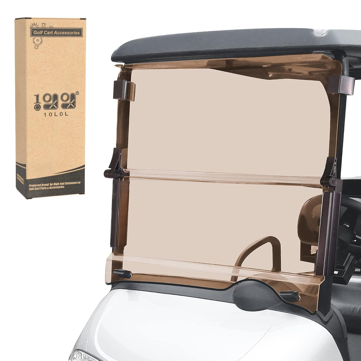 10L0L folding tinted windshield for EZGO RXV improves visibility and wind protection.