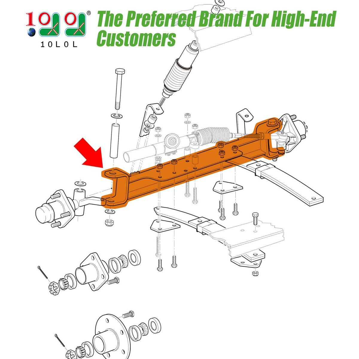 10L0L EZGO Workhorse front axle weldment improves ride stability for 800-1000-1200
