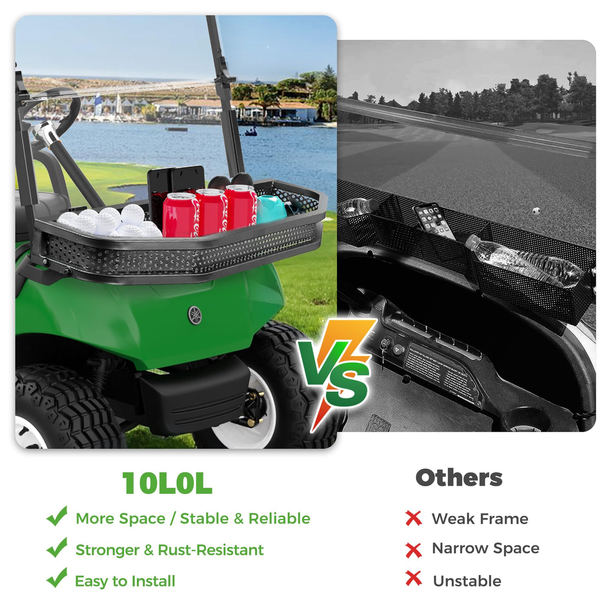 10L0L rugged steel mesh front basket resists rust on the course.