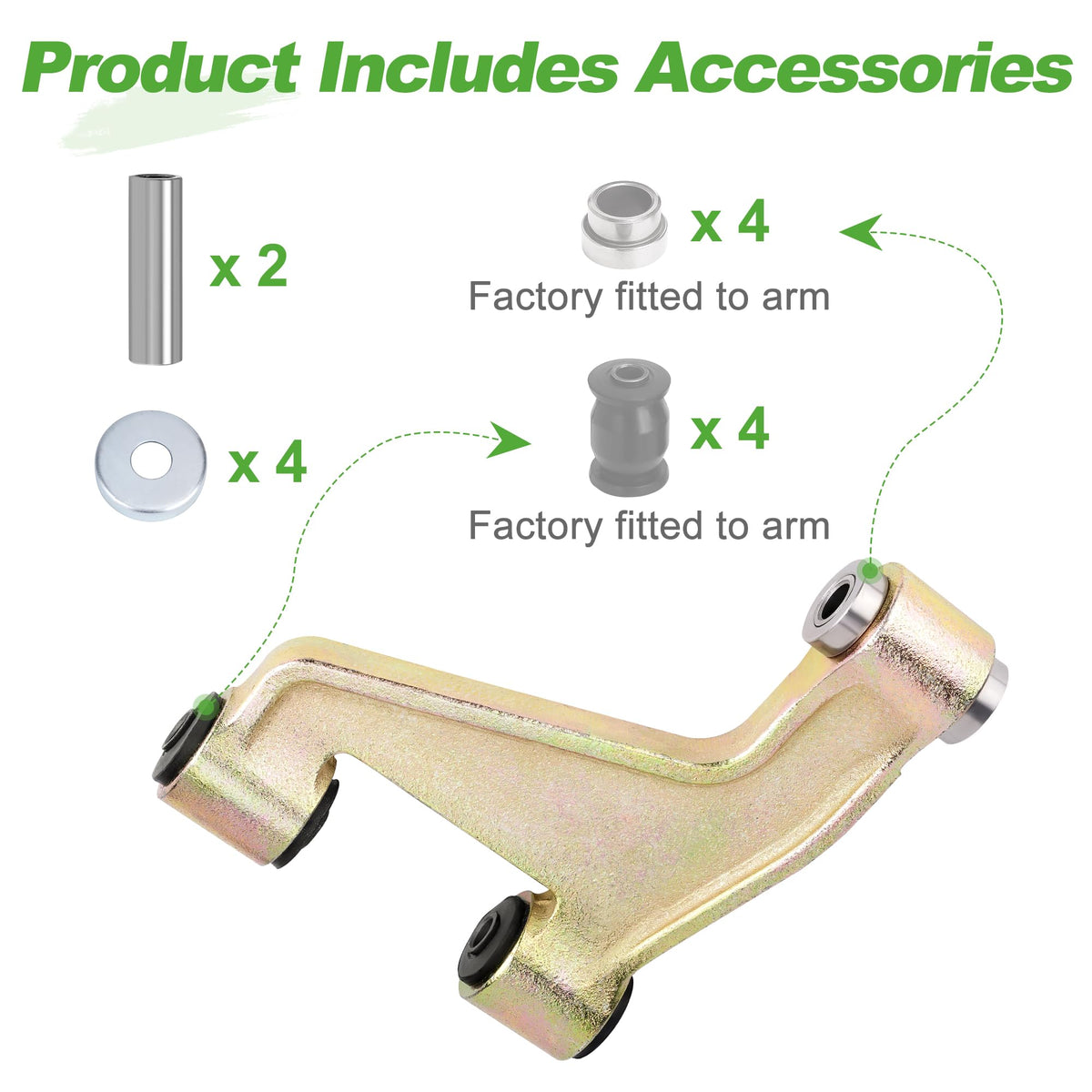 10L0L front lower arm bushing set with included bushings and collars.