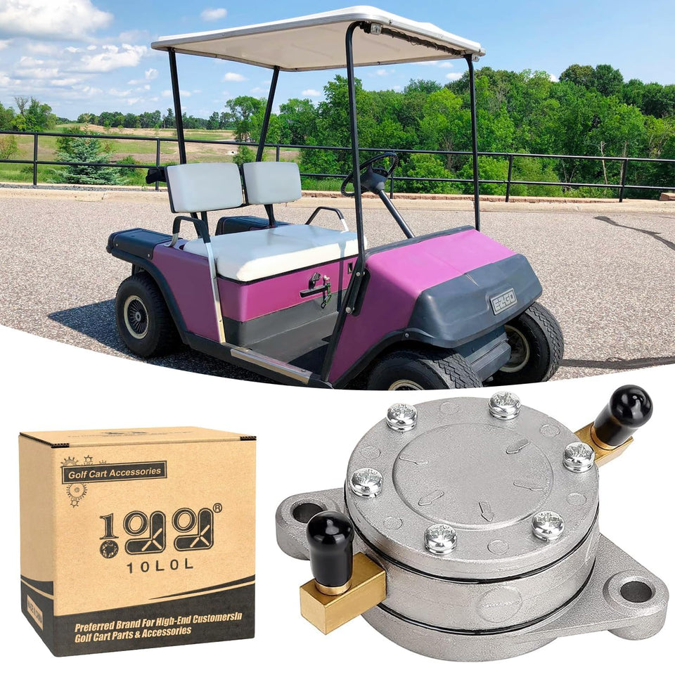 10L0L fuel pump front view shows compact design for easy EZGO 2-cycle engine replacement.