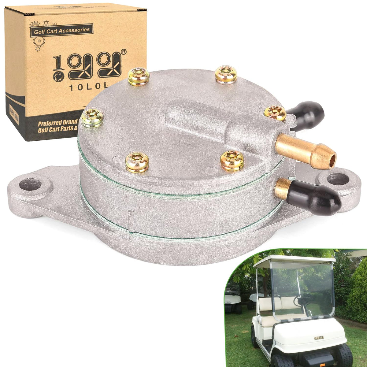 10L0L fuel pump for Yamaha G2, front view, smooth starting and steady fuel flow.