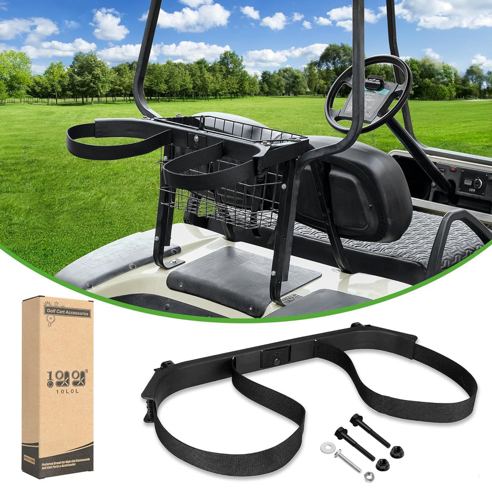 10L0L golf bag attachment for 1987-up Club Car DS keeps clubs secure on the course