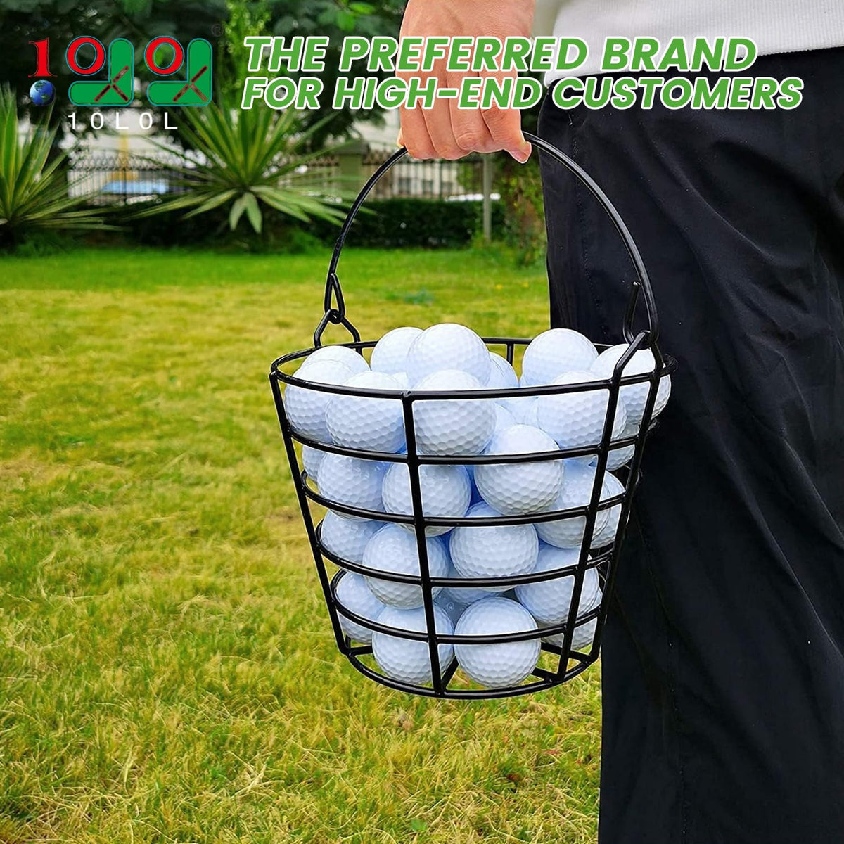 10L0L golf ball bucket holds up to 50 balls for practice