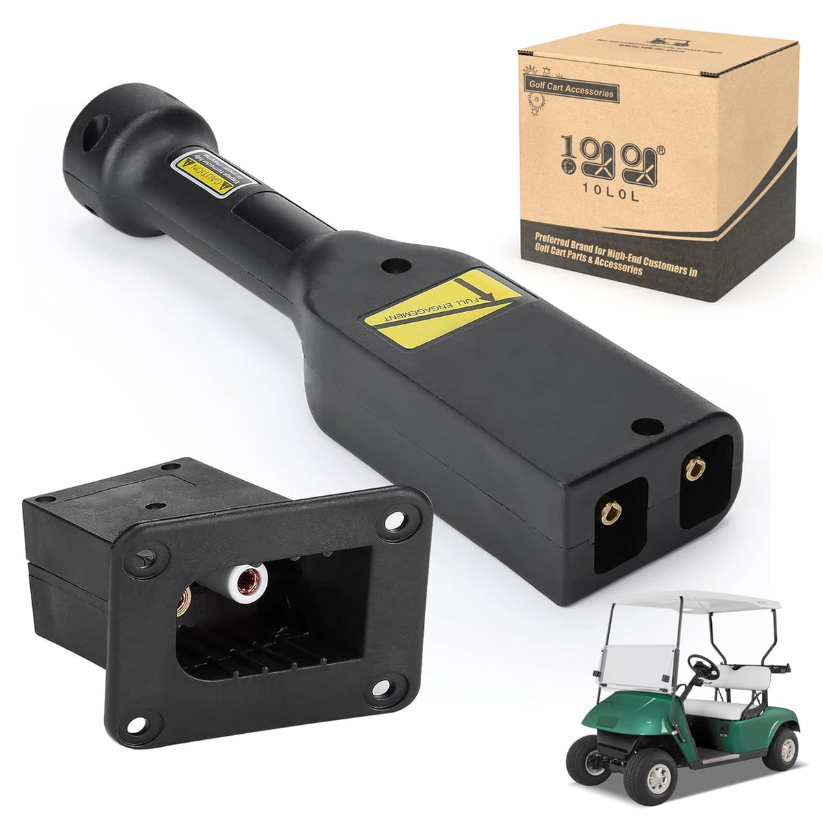 10L0L golf cart 36V PowerWise charger handle plug close-up for EZGO carts.