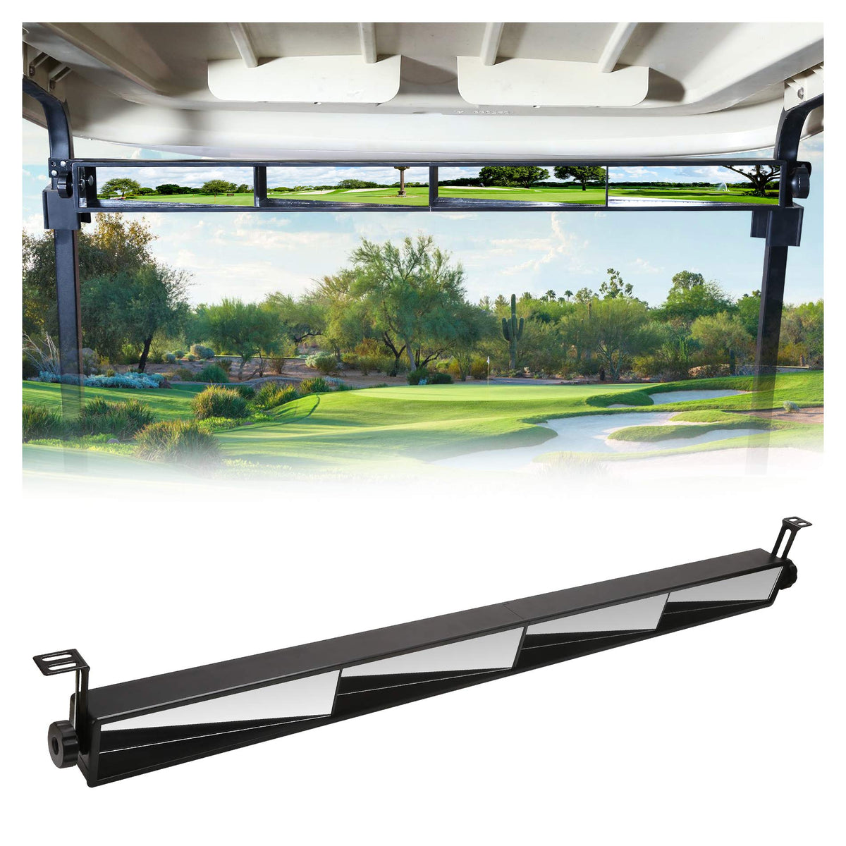 10L0L four-panel rear-view mirror offers complete visibility for EZGO, Club Car, and Yamaha carts.