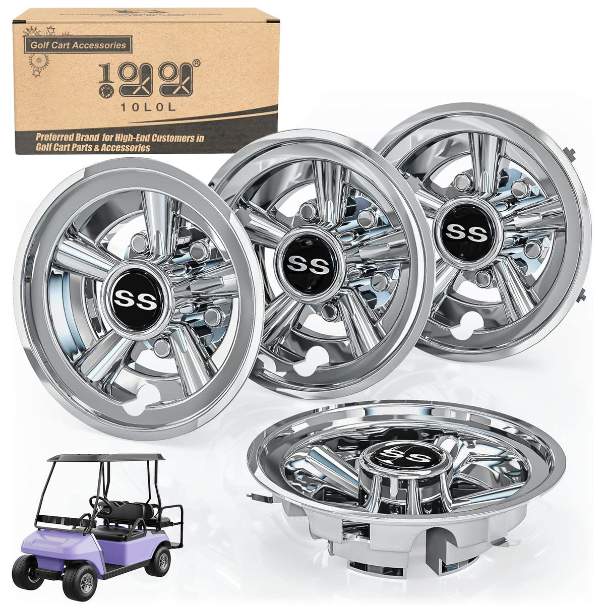 10L0L golf cart 8-inch chrome wheel covers add durable, stylish shine.