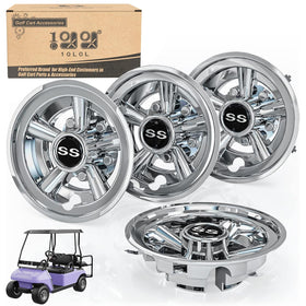 10L0L golf cart 8-inch chrome wheel covers add durable, stylish shine.