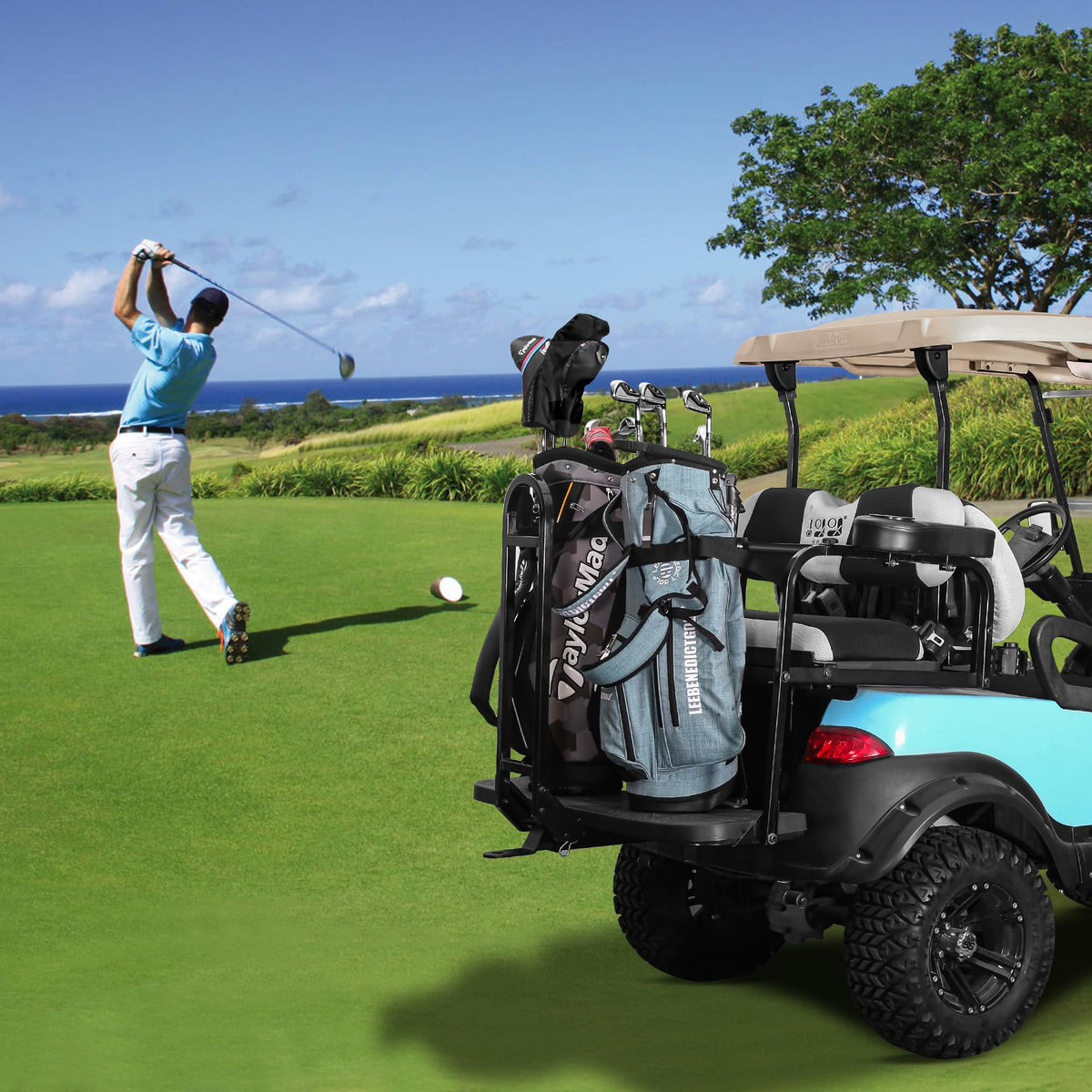 10L0L weather-ready bag holder on a golf cart