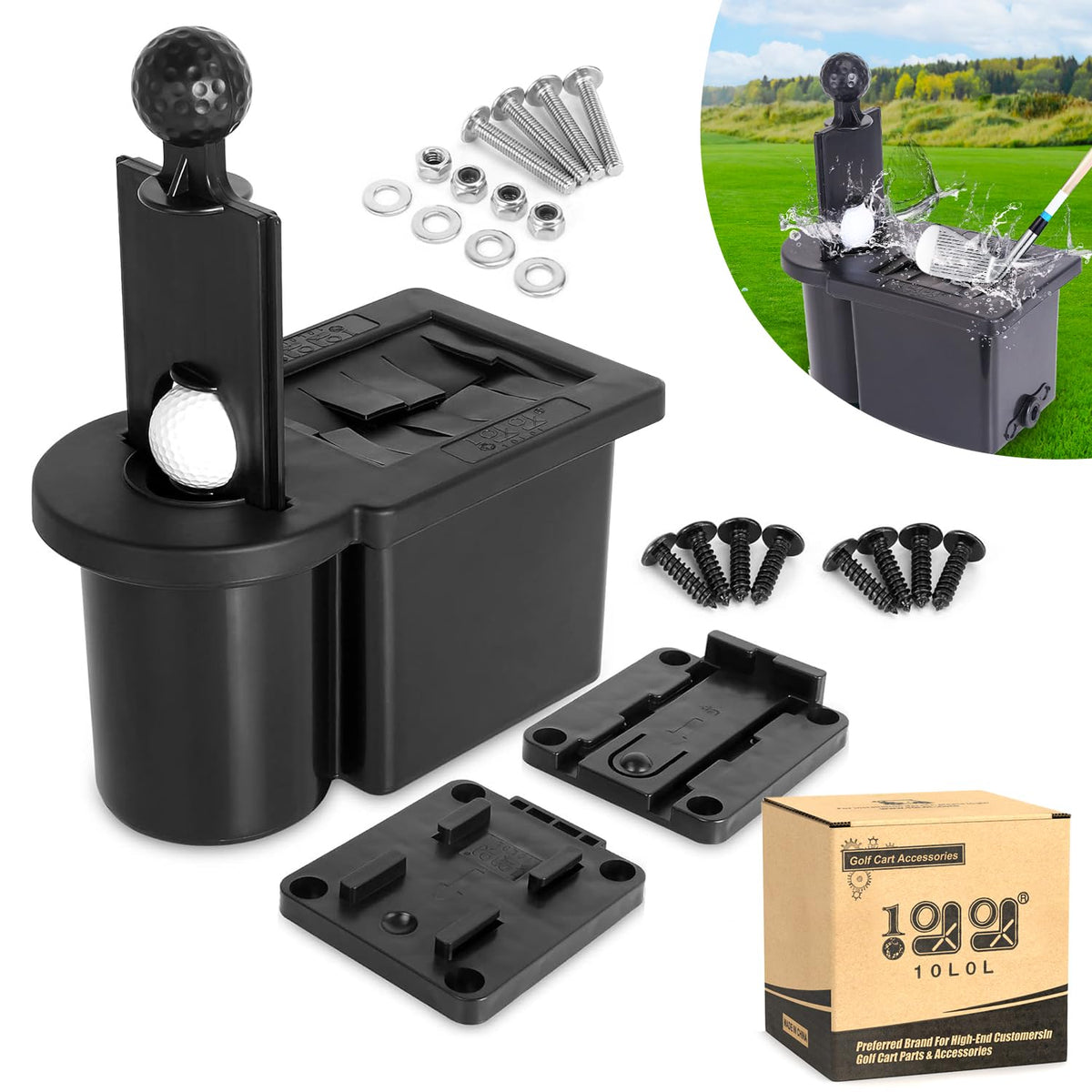 10L0L golf cart ball washer unit mounted on frame for on-course cleaning.