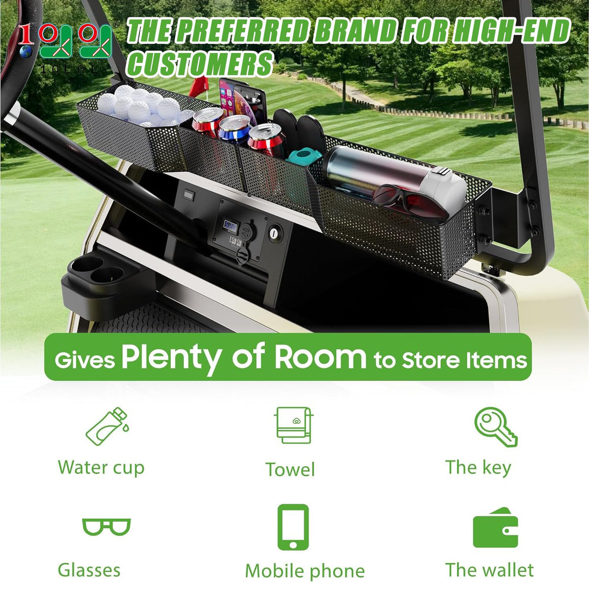 10L0L Golf Cart Basket four-compartment layout keeps items organized