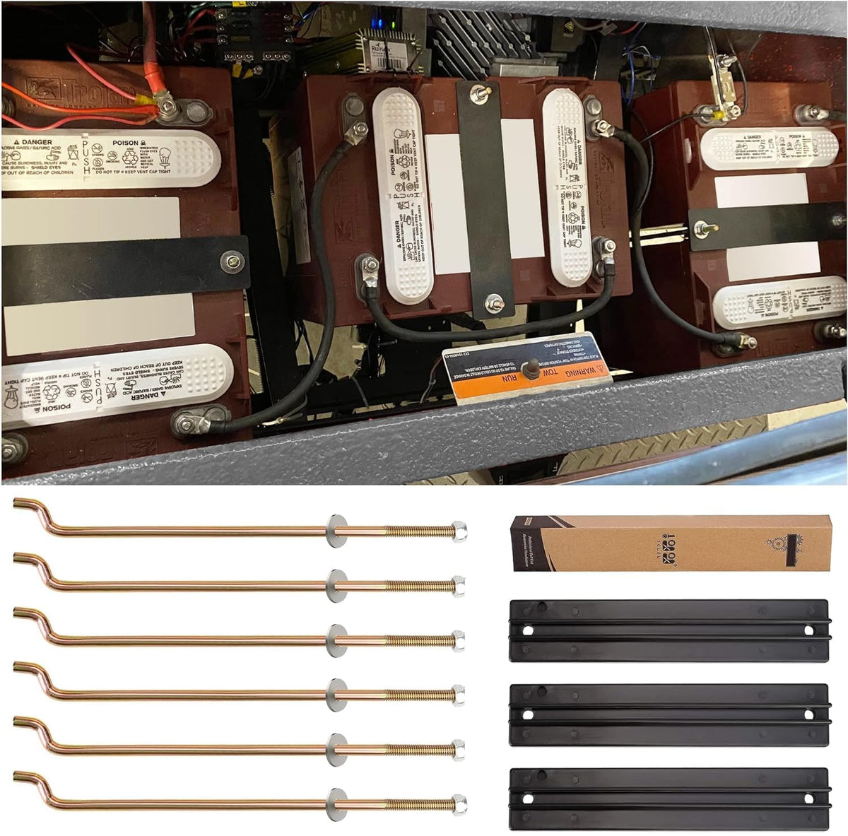 10L0L golf cart hold-down plate with rod kit secures Club Car DS batteries