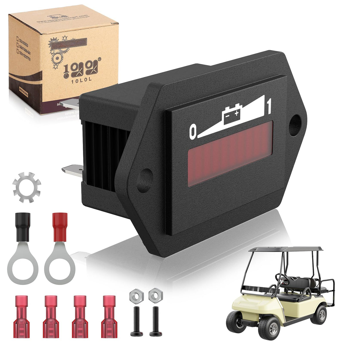 10L0L golf cart battery meter display showing 48V charge level for quick checks