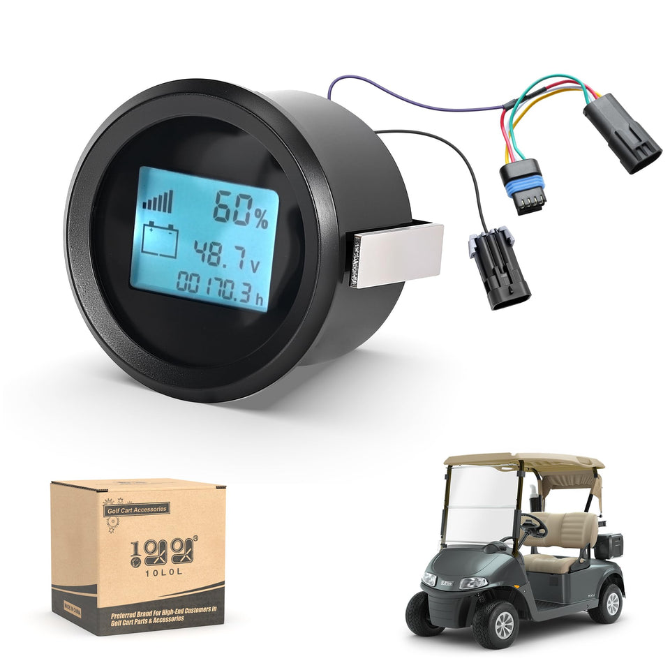 10L0L golf cart battery monitor for EZGO RXV shows voltage and charge.