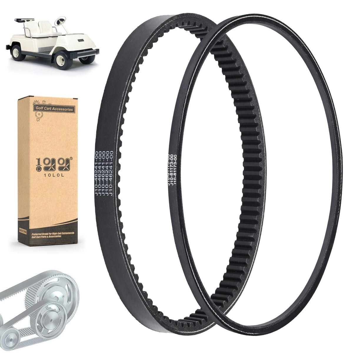 10L0L golf cart belt kit packaging shows OEM fitment for Yamaha G1/G3 models.