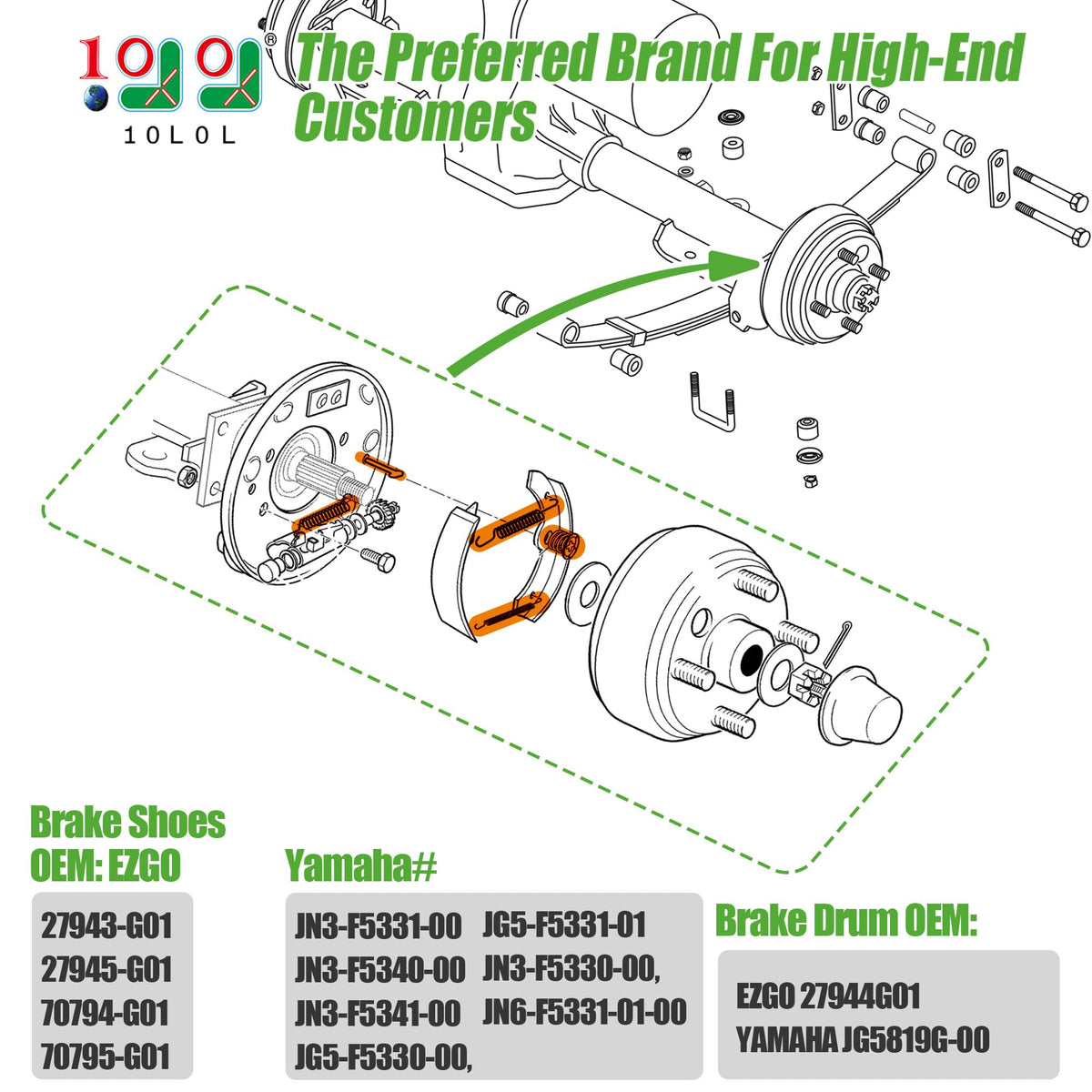 10L0L Bendix style springs set for reliable drum brake reassembly on golf carts.