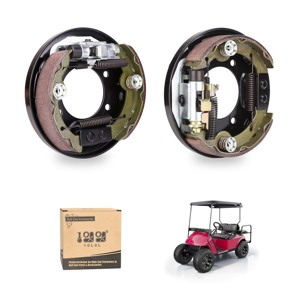 10L0L brake assembly left side for EZGO TXT with shoes showing clear fitment and components