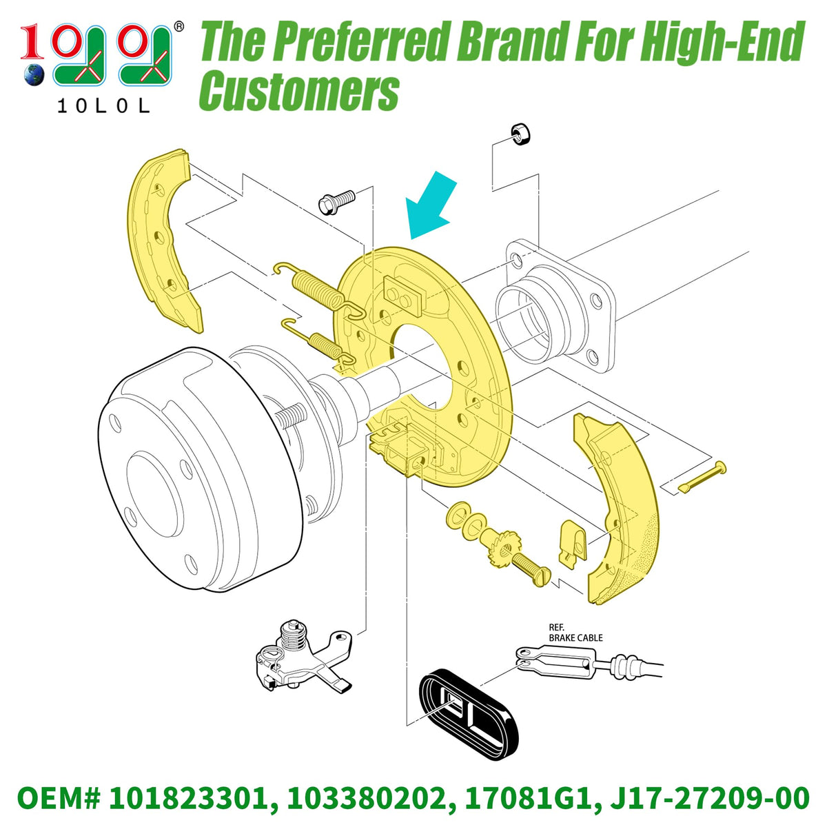 10L0L Golf Cart Brake Assembly passenger-side view, smooth braking on Yamaha and EZGO