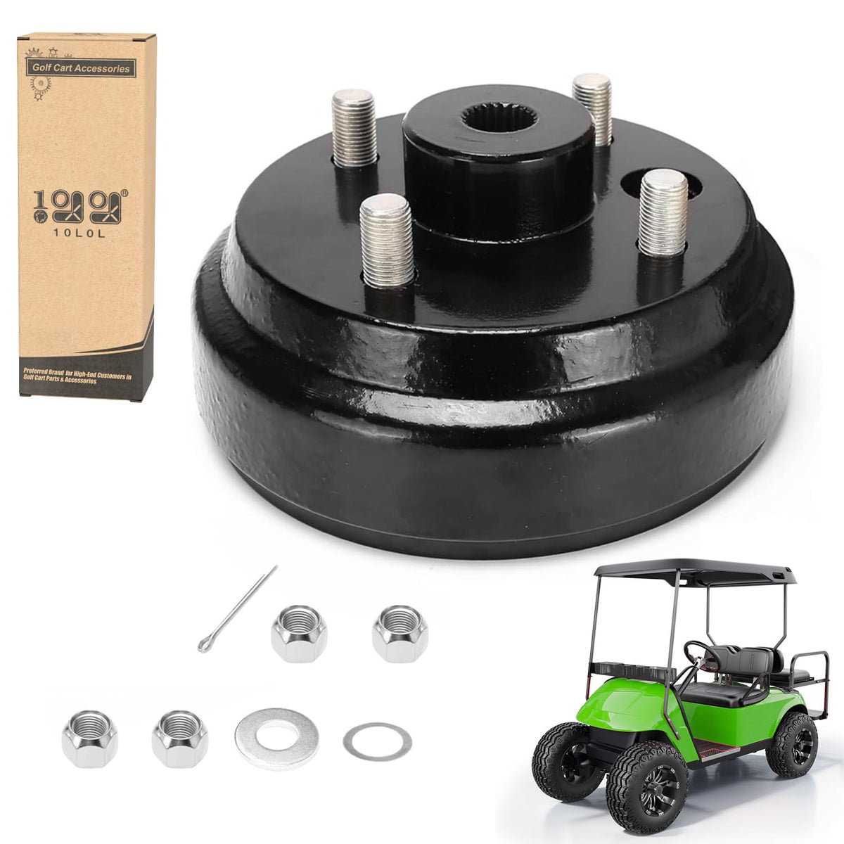 10L0L golf cart brake drum hub front view improves EZGO TXT braking compatibility.