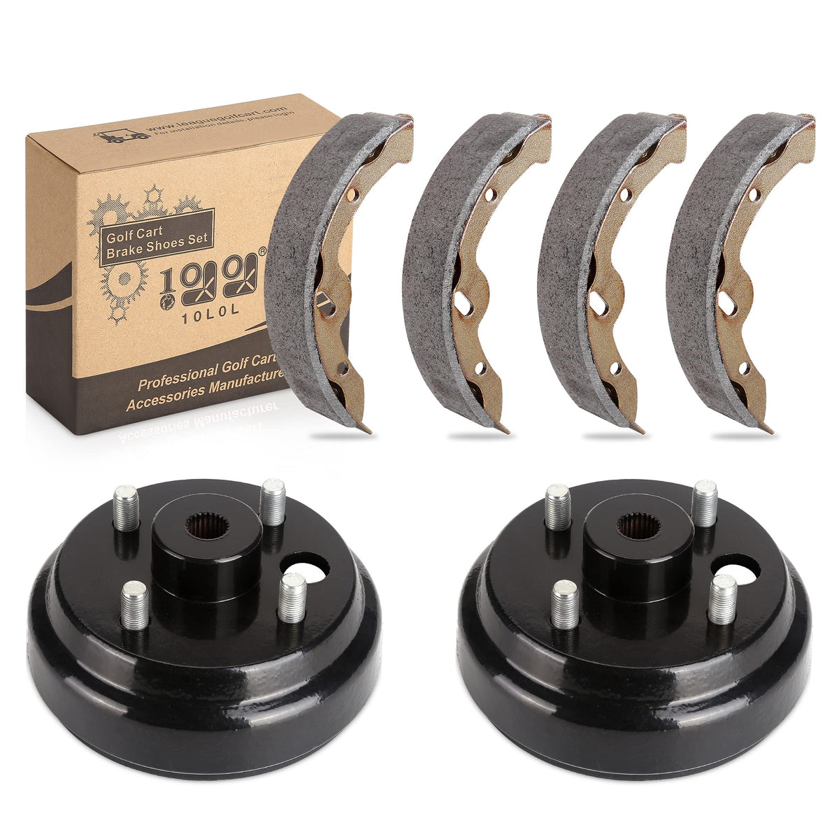 Complete EZGO TXT brake drum kit packaging—ready-to-install