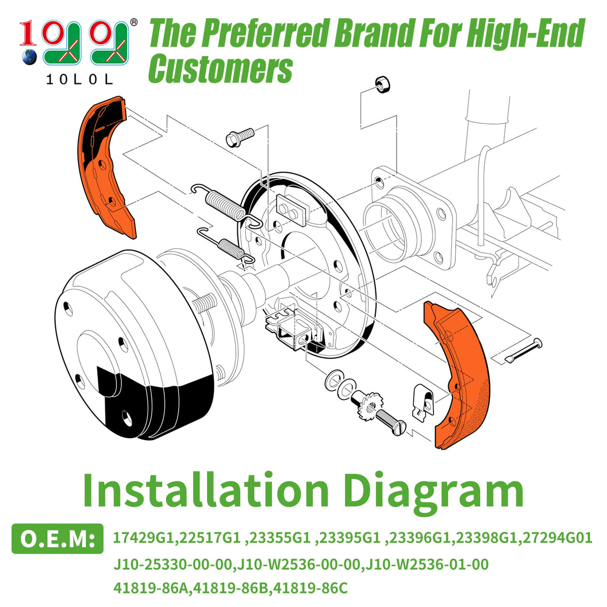 10L0L brake shoes for EZGO G&E with a close-up of lining contact