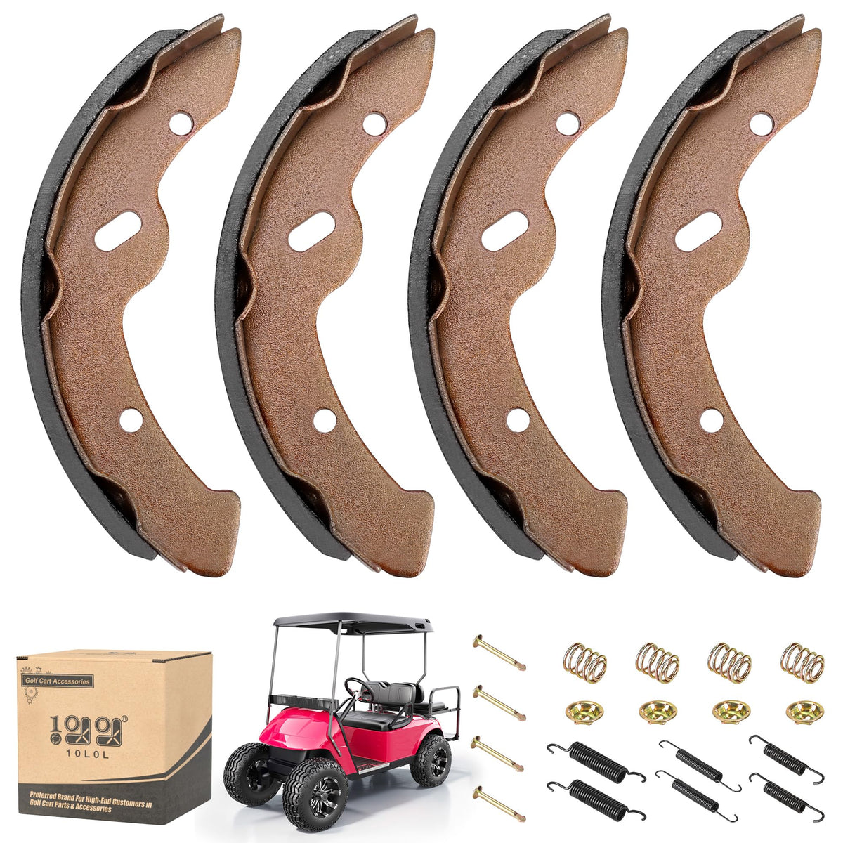 10L0L Golf Cart brake shoes kit for EZGO and Yamaha, direct bolt-on replacement.