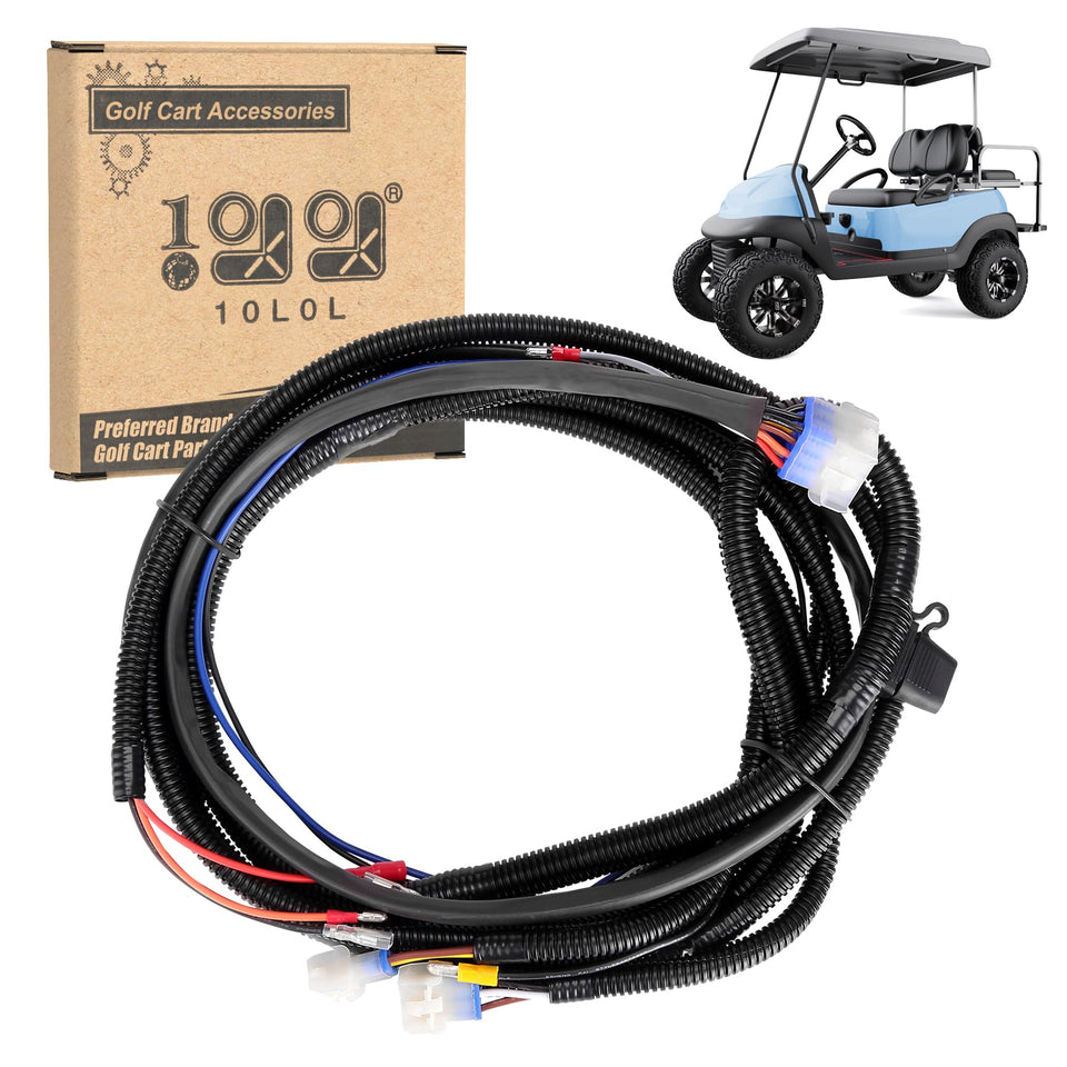 10L0L golf cart bucket harness close-up showing plug-and-play wiring for easy power connection