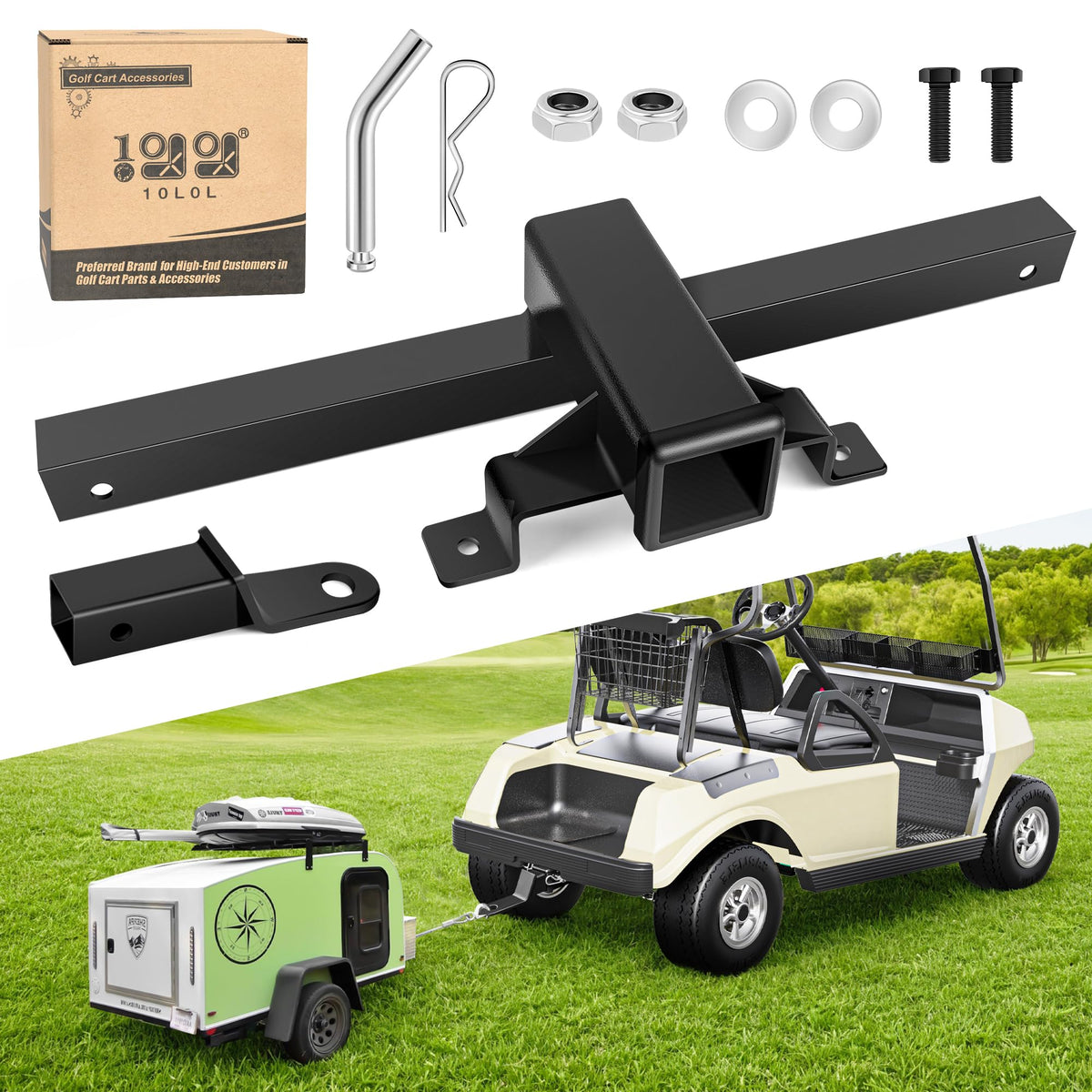 10L0L golf cart bumper trailer hitch attached to Club Car DS for stable towing