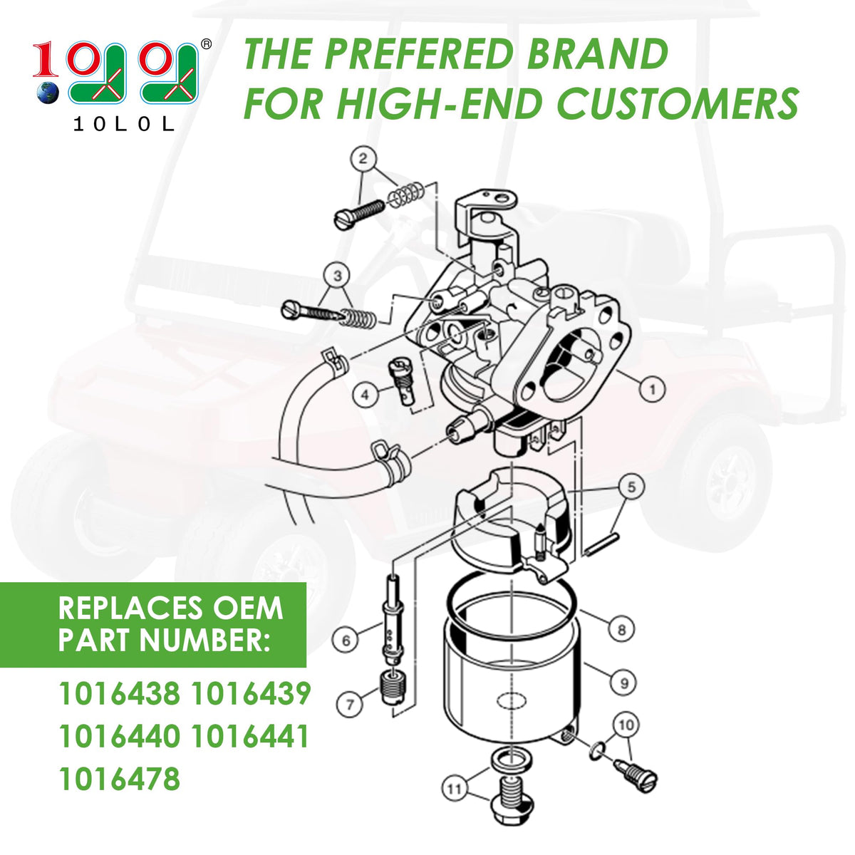 10L0L golf cart carburetor kit components laid out for Club Car compatibility and quick DIY setup.