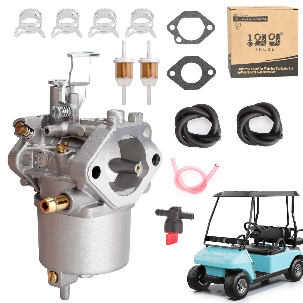 10L0L golf cart carburetor kit front view showing complete fuel pump components for easy installation.