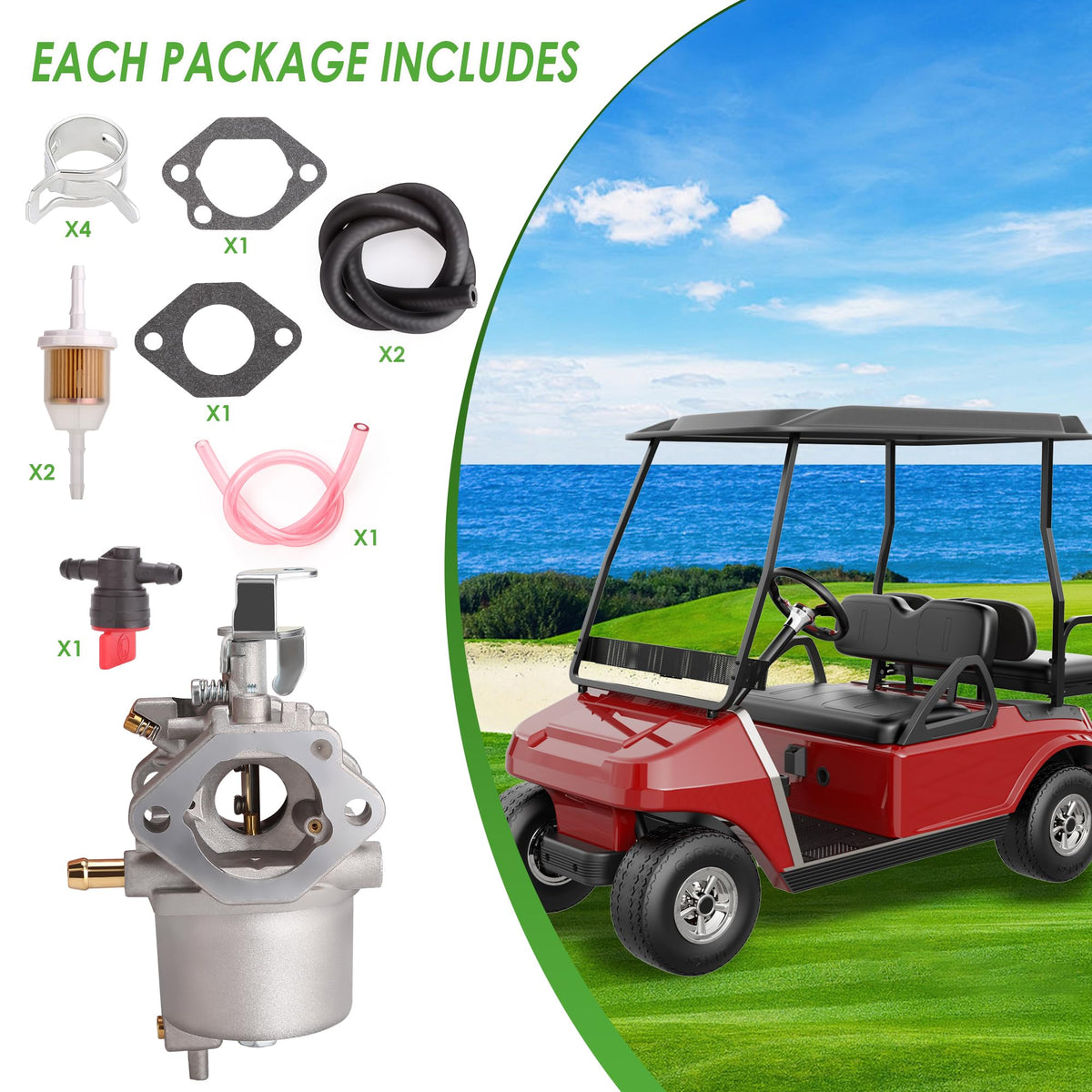 10L0L golf cart carburetor kit in box highlights included gaskets and filters for replacement.