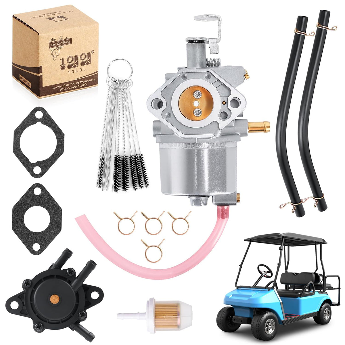 10L0L golf cart carburetor kit packaging showing brand and parts list for quick purchase.