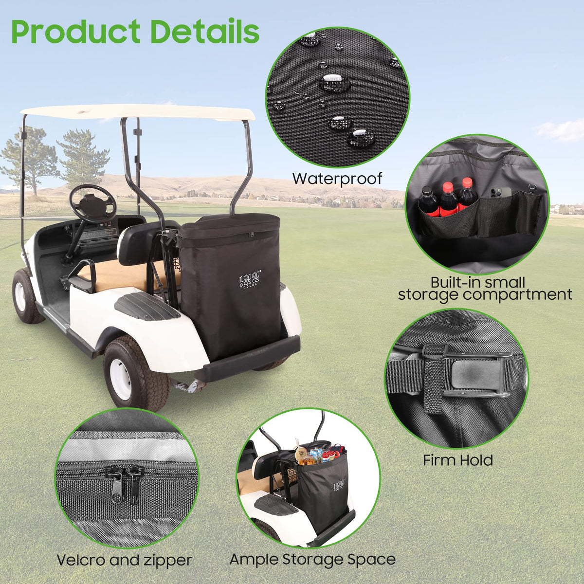 10L0L golf cart cargo bag front close-up emphasizes sturdy seams and quick installation.