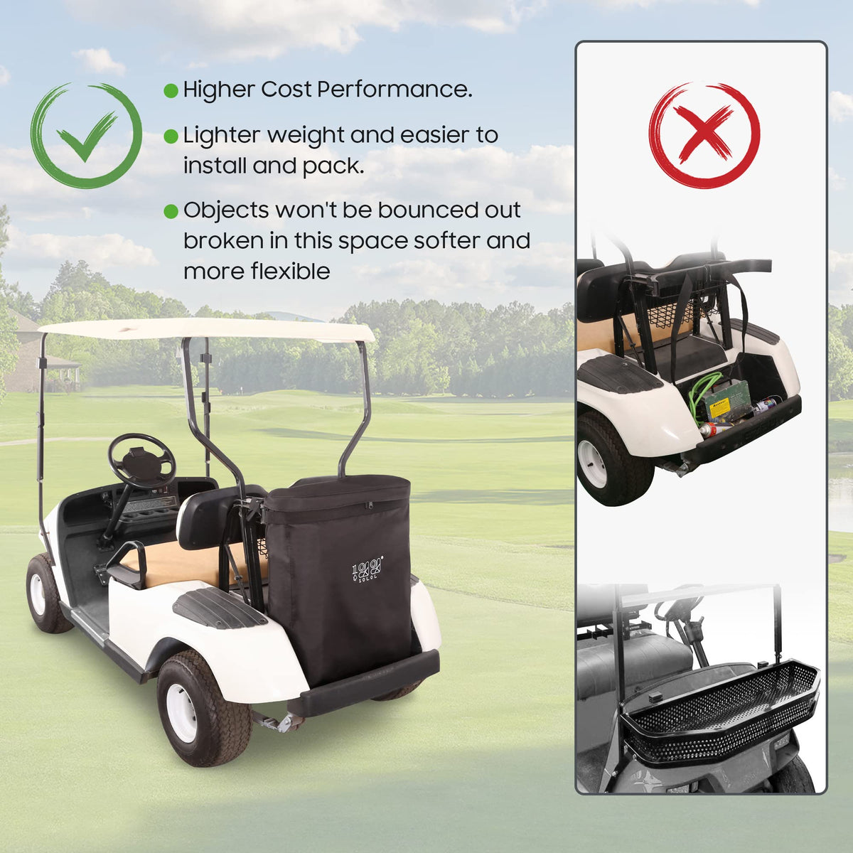 10L0L golf cart cargo bag mounted with buckles and Velcro for fast setup.