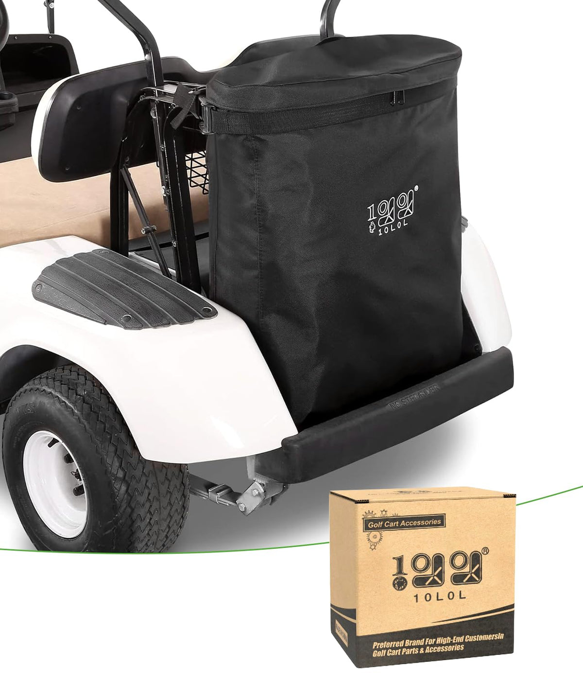 10L0L golf cart cargo bag side view demonstrates durable waterproof storage for two-passenger carts.