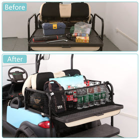 10L0L cargo net on a Club Car expanding space for bags.