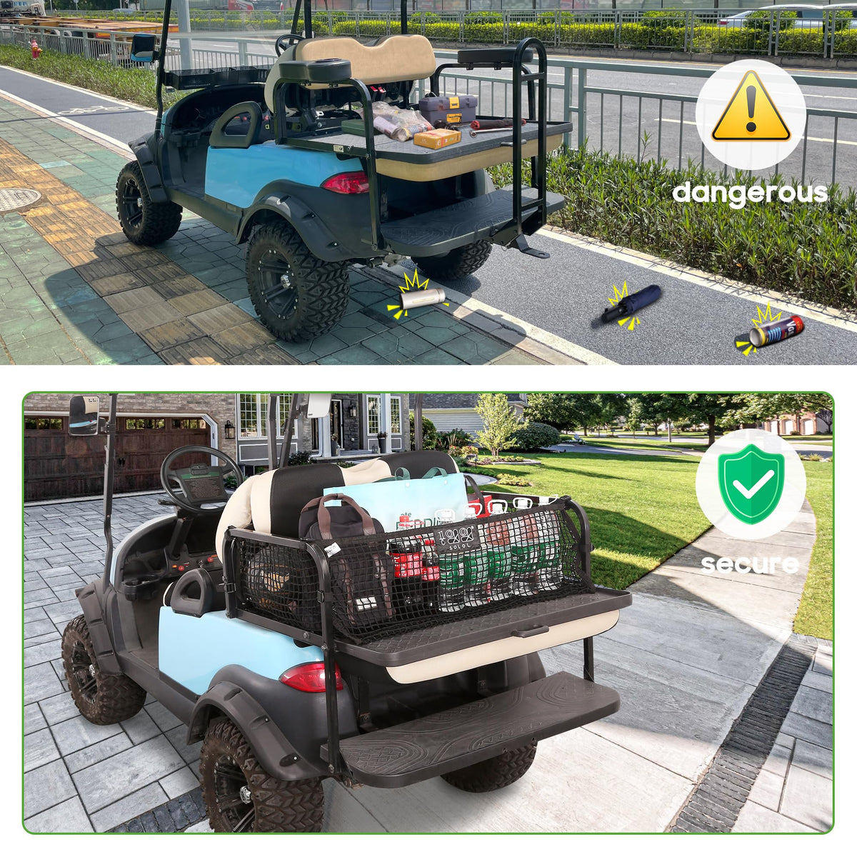 Easy-install 10L0L cargo net allows quick cart outfitting without tools