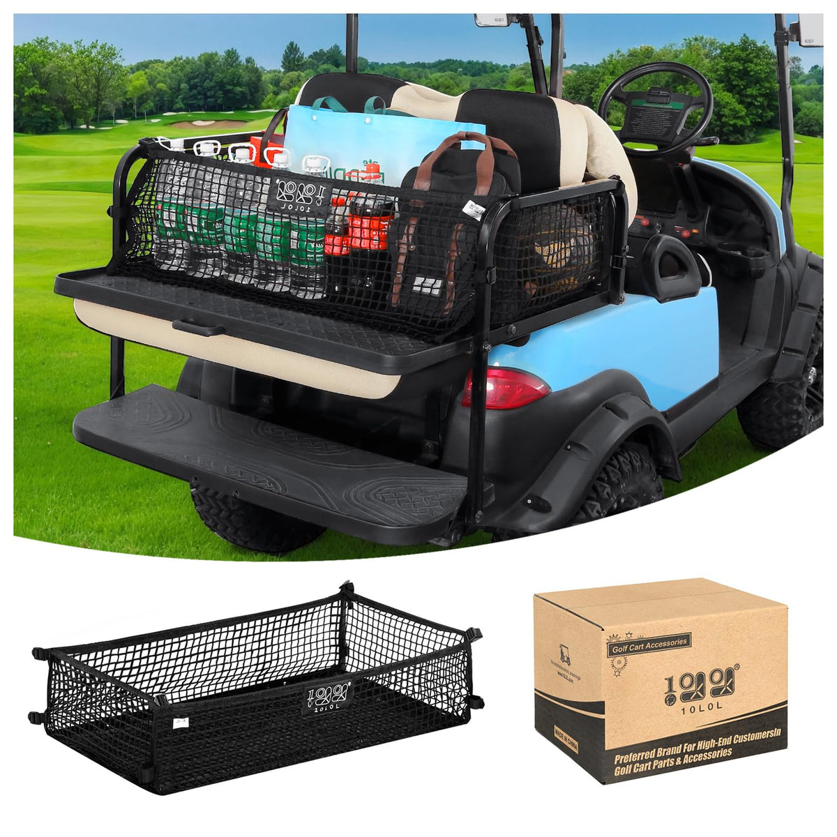 10L0L golf cart cargo net demonstrates universal compatibility for Yamaha G29 rear storage