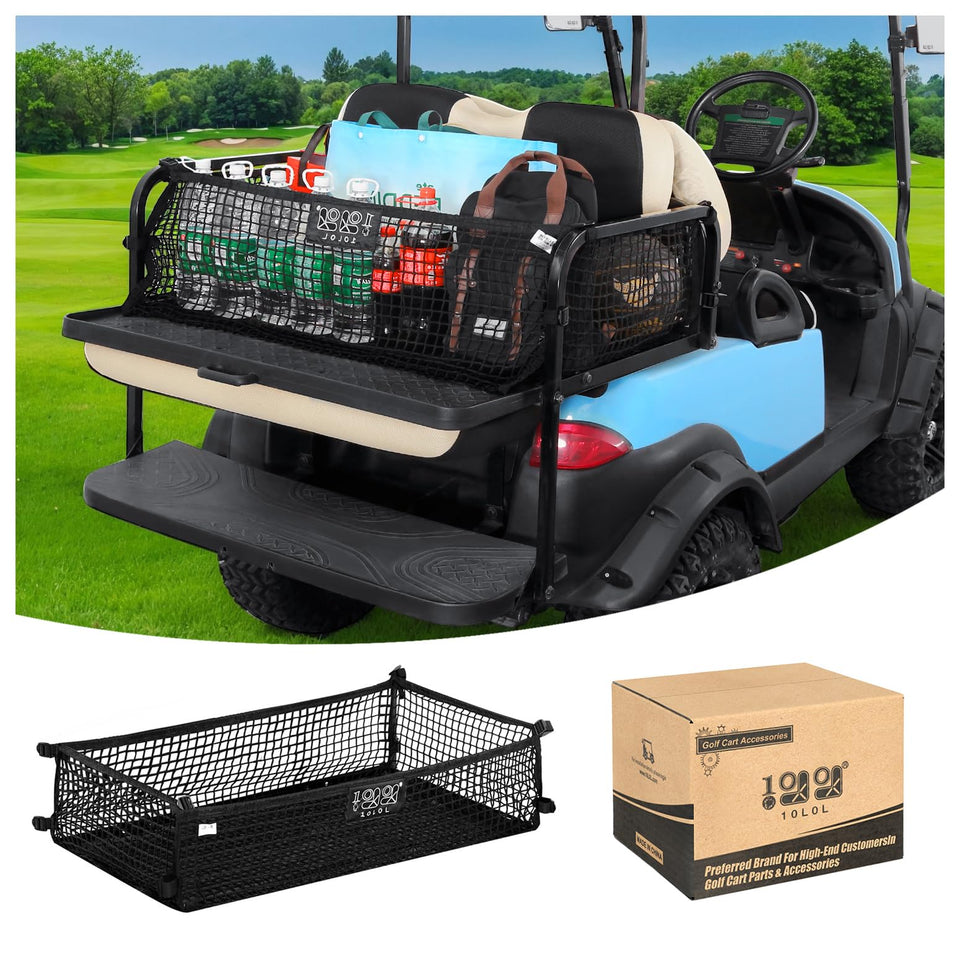 10L0L golf cart cargo net demonstrates universal compatibility for Yamaha G29 rear storage