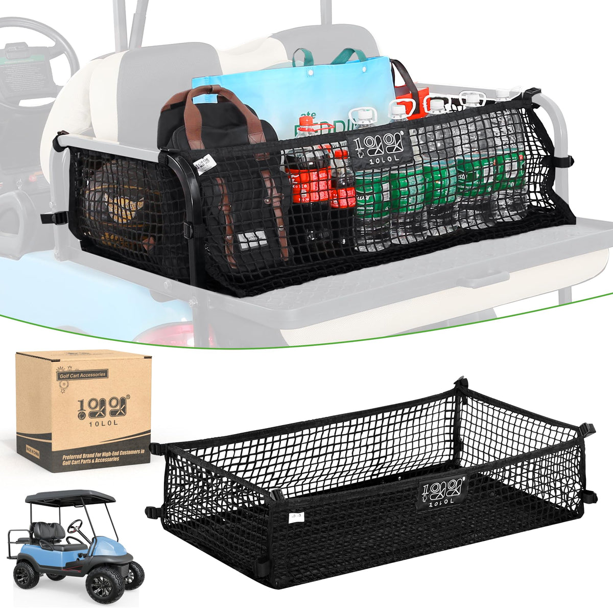 10L0L golf cart cargo net attached to Yamaha backseat for added storage.