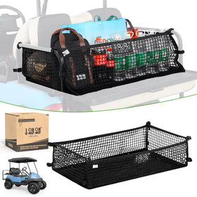 10L0L golf cart cargo net attached to Yamaha backseat for added storage.