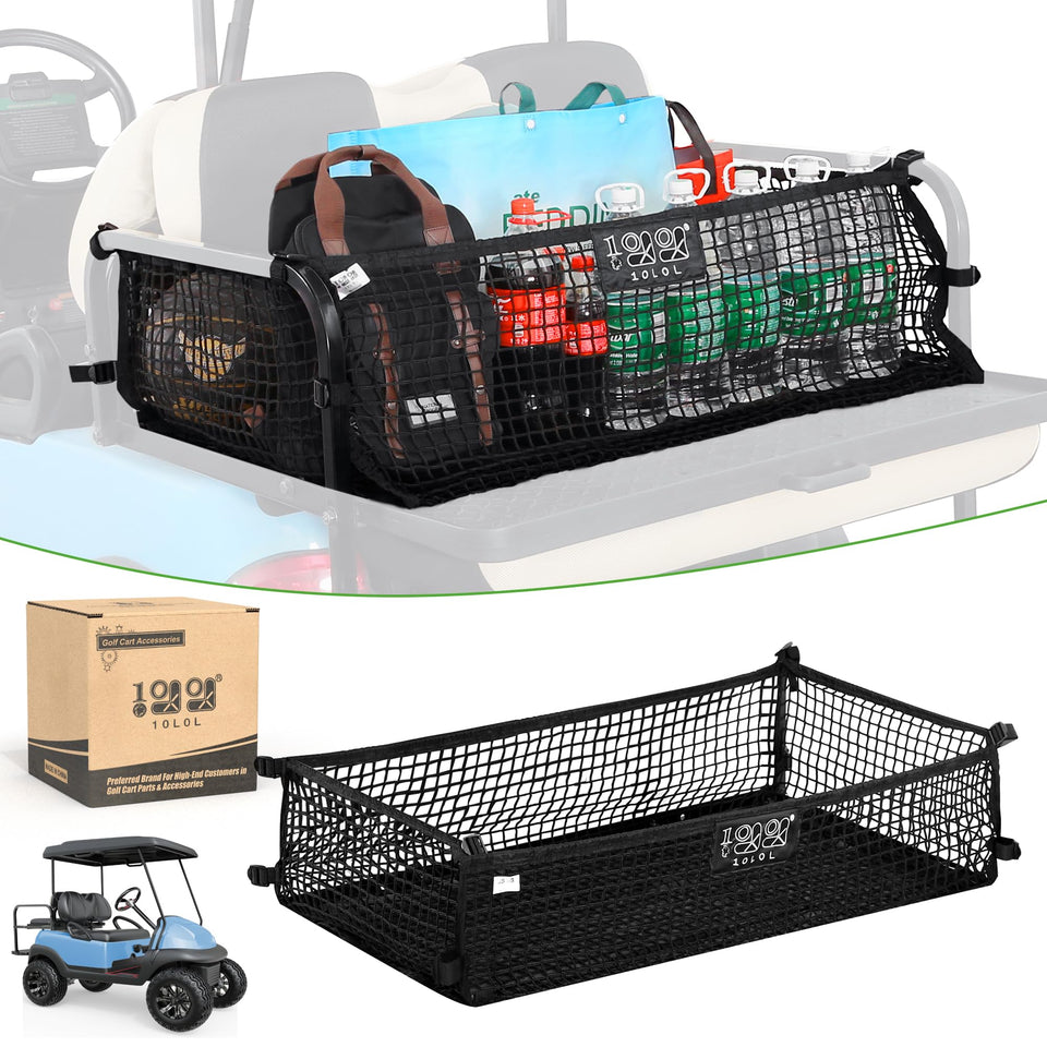 10L0L golf cart cargo net attached to Yamaha backseat for added storage.