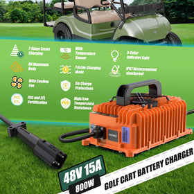 10L0L orange golf cart charger shown in compact portable design