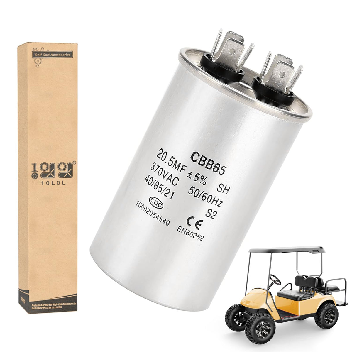 10L0L golf cart charger capacitor close-up showing 20.5 MFD rating for stable power