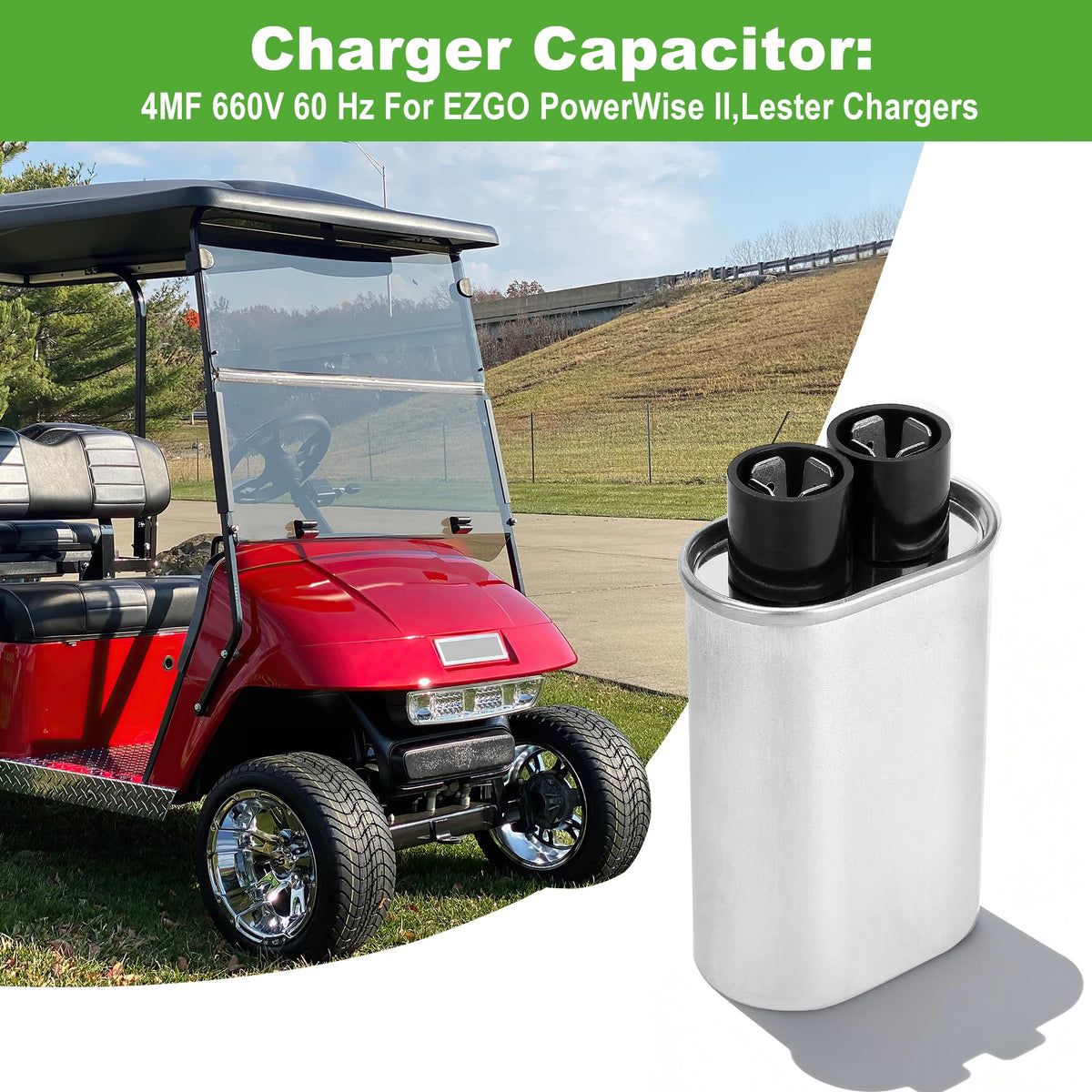 10L0L golf cart charger compatibility visual showing EZGO fit with PowerWise II