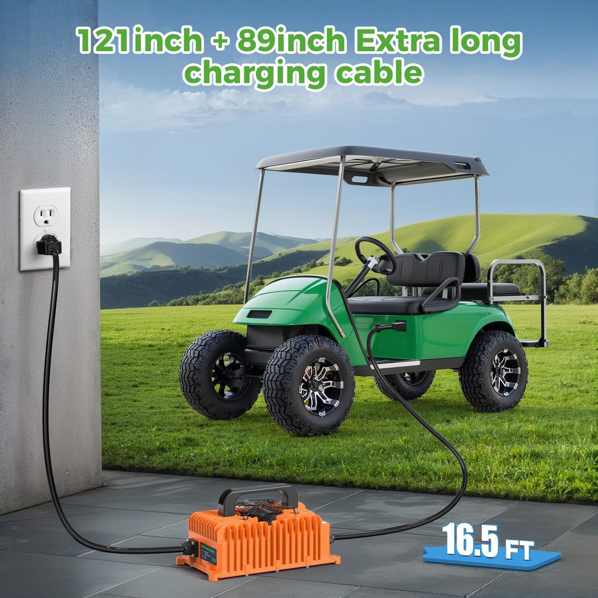 Extended 121in + 89in cords improving charging reach on the course