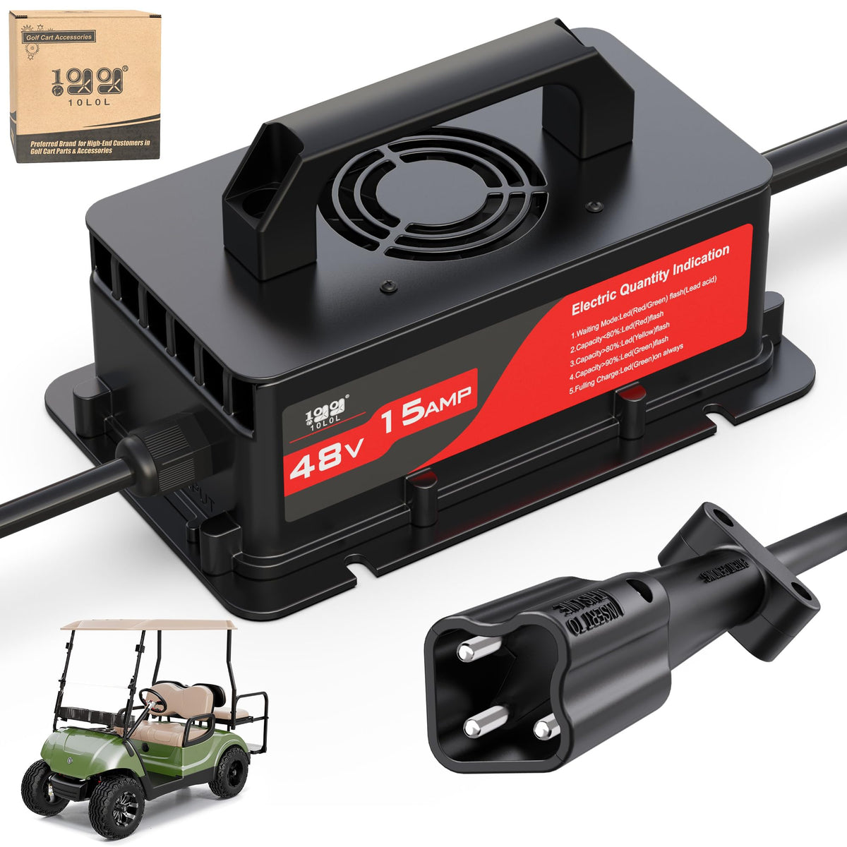 10L0L golf cart charger front view, compact and reliable for Yamaha G29.