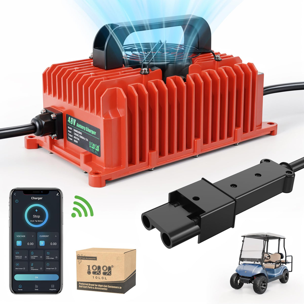 10L0L golf cart charger front view showing Yamaha compatibility for efficient charging.
