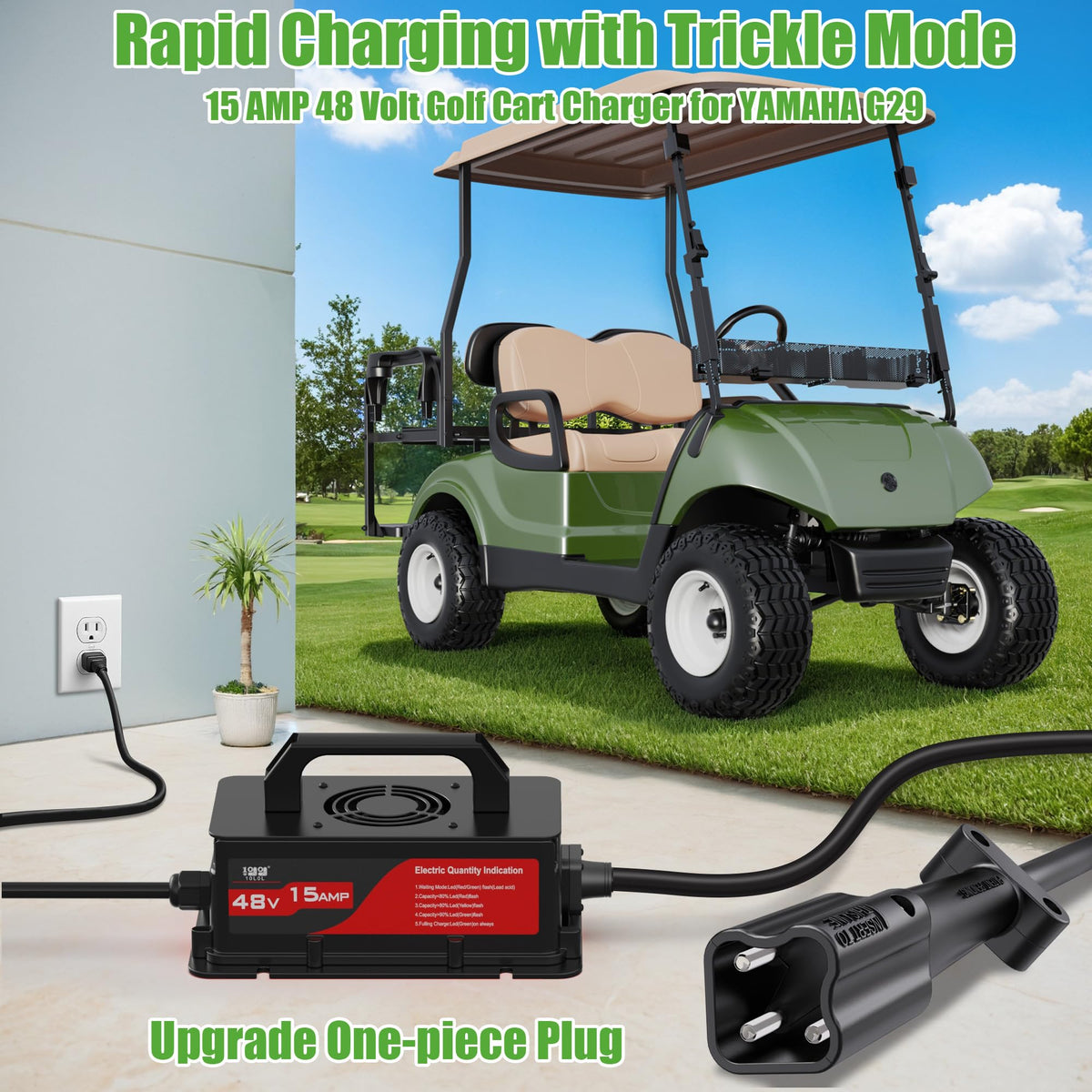10L0L golf cart charger with IP67 rating for outdoor durability.